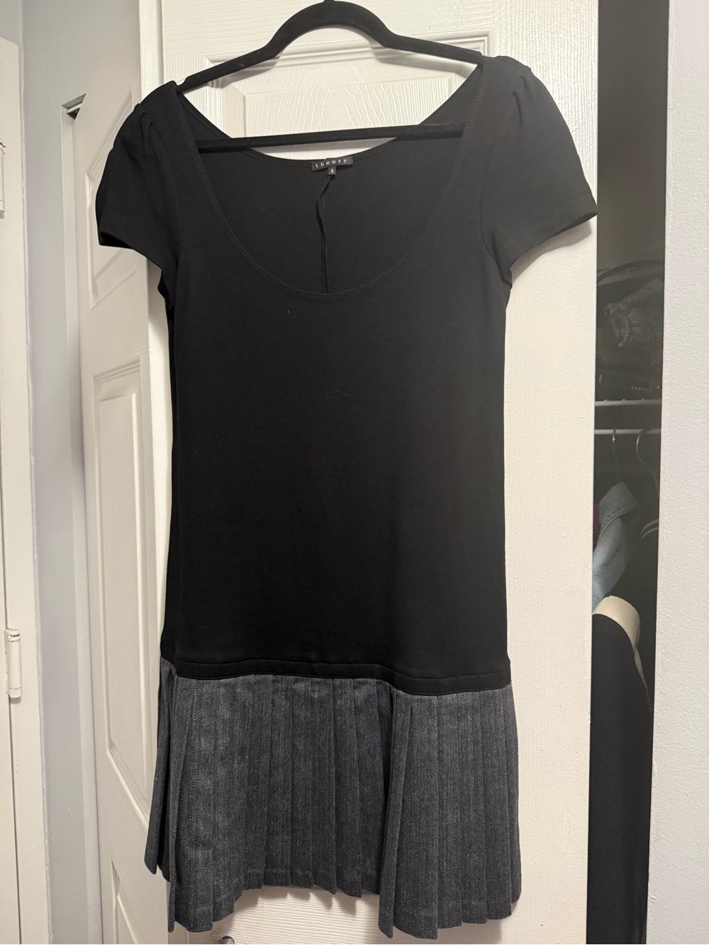 Theory Black Top with Gray Pleated Hem
